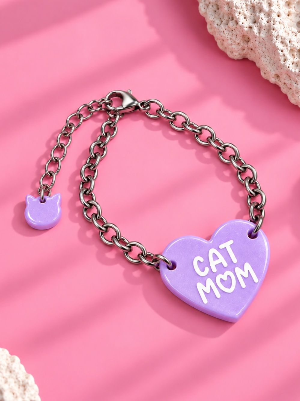 Cat Mom Heart Charm Bracelet — Stainless Steel Chain — Handmade